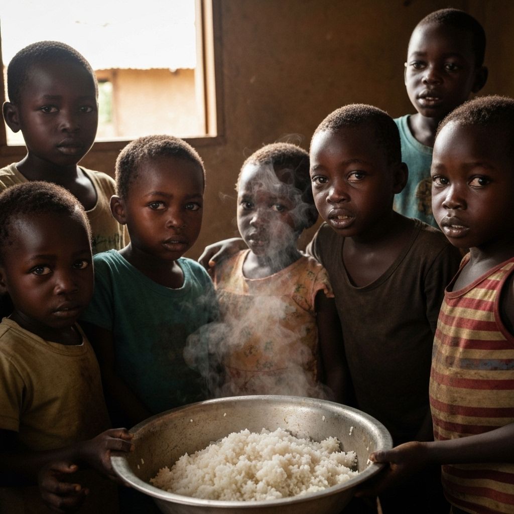 African children holding rice bowl in Uganda