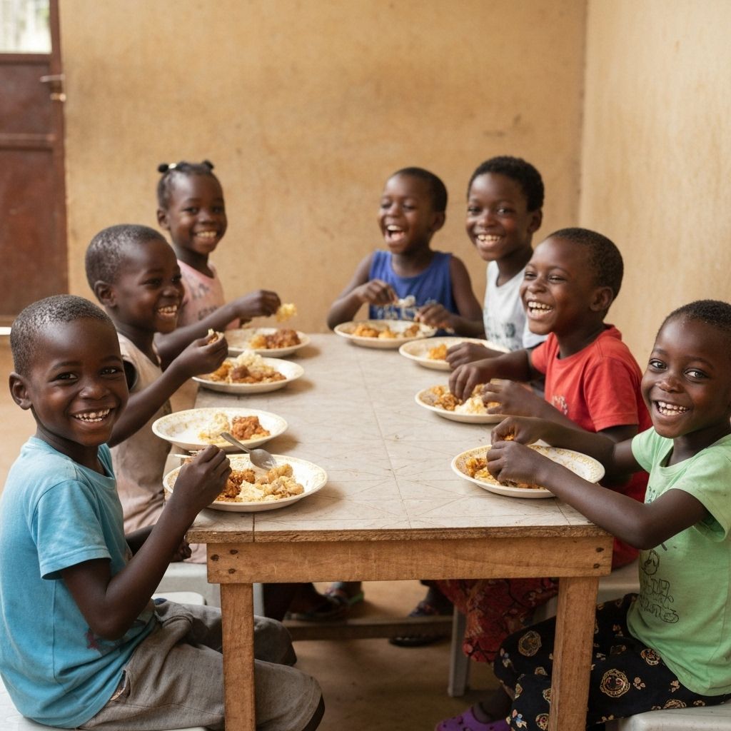 Nigerian children eating together at orphanage